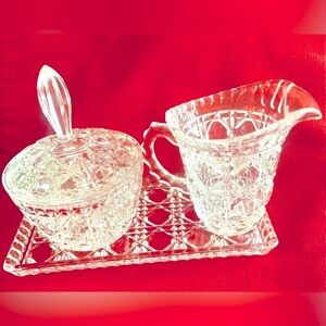 4pc Vintage Glass Creamer Tray & Sugar Jar w/ Lid Set  Home Accessory Tableware